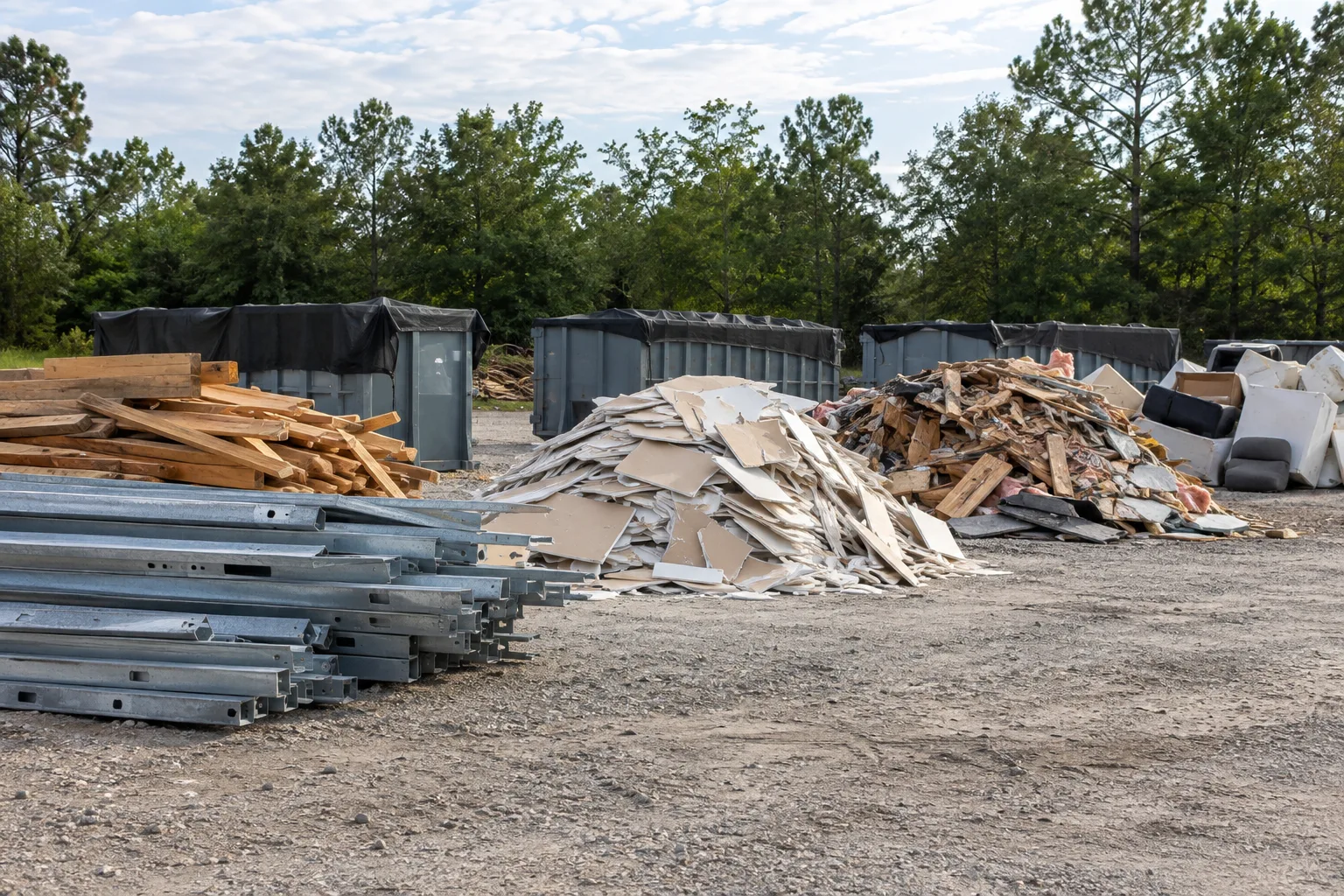 Separated metal, wallboard, and wood from a demolition project