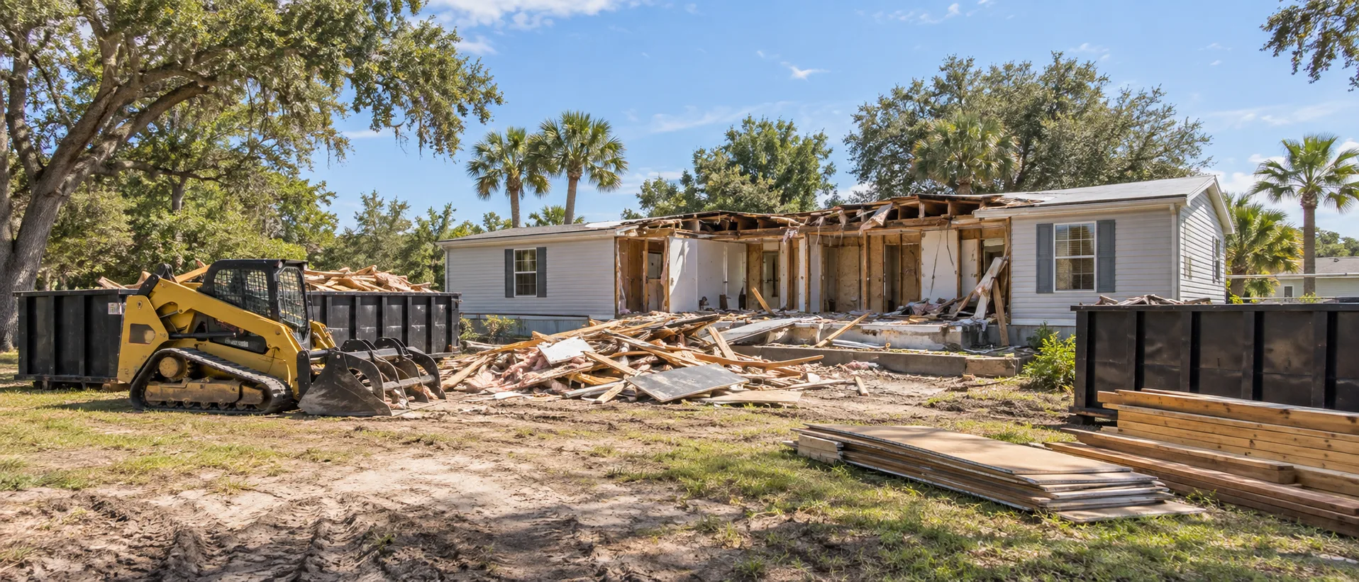 Double-wide mobile home teardown with staged containers
