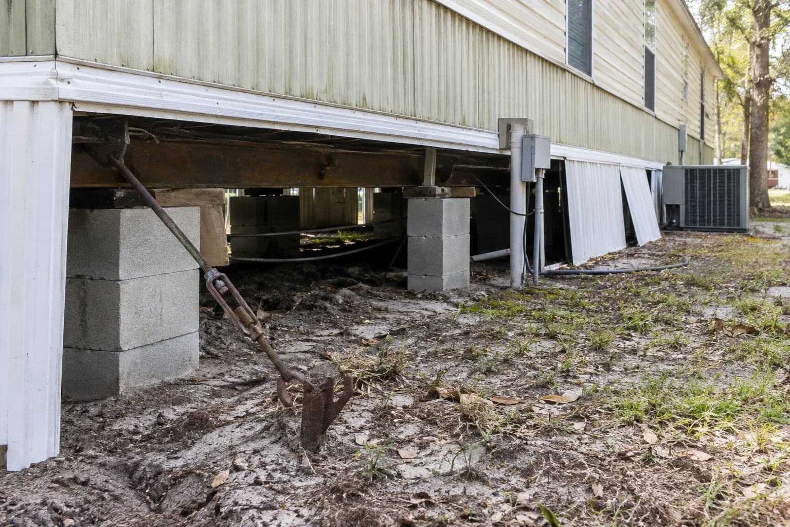 Tie-down hardware, piers, and skirting under a single-wide mobile home