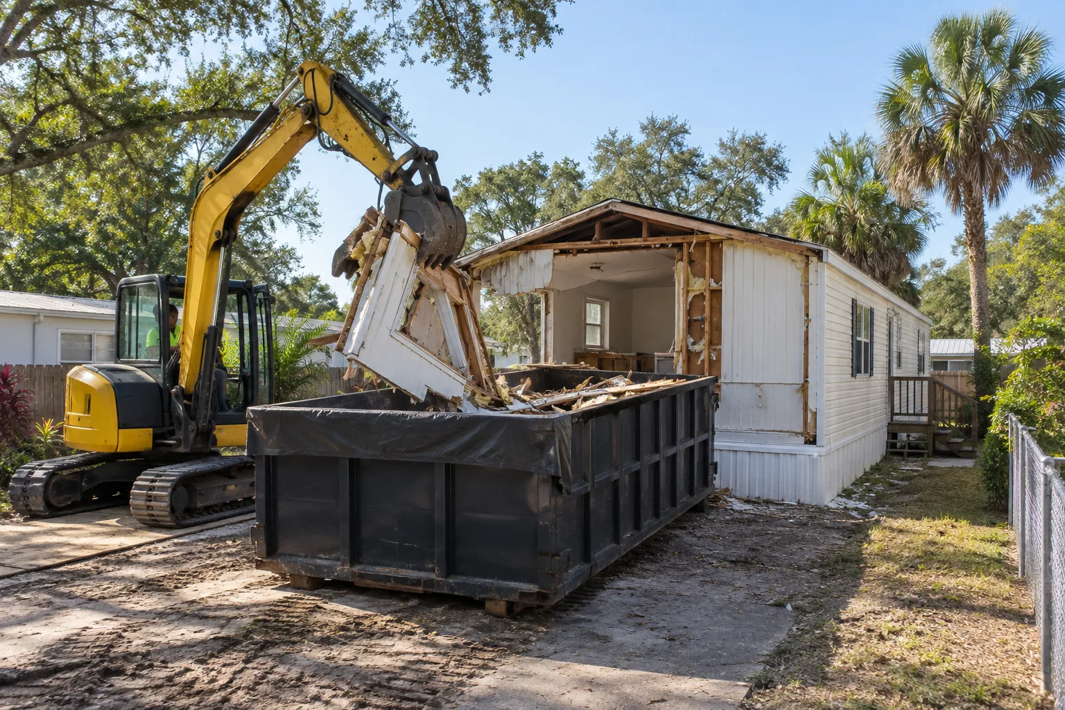 Compact excavator loading material during a single-wide removal